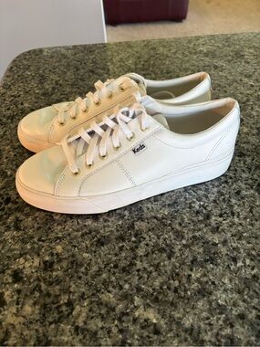 Keds White Leather Platform Sneakers with Gold Eyelets